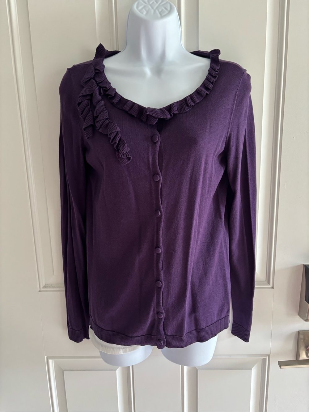 Talbots Deep Purple Ruffle-Trim Button Cardigan